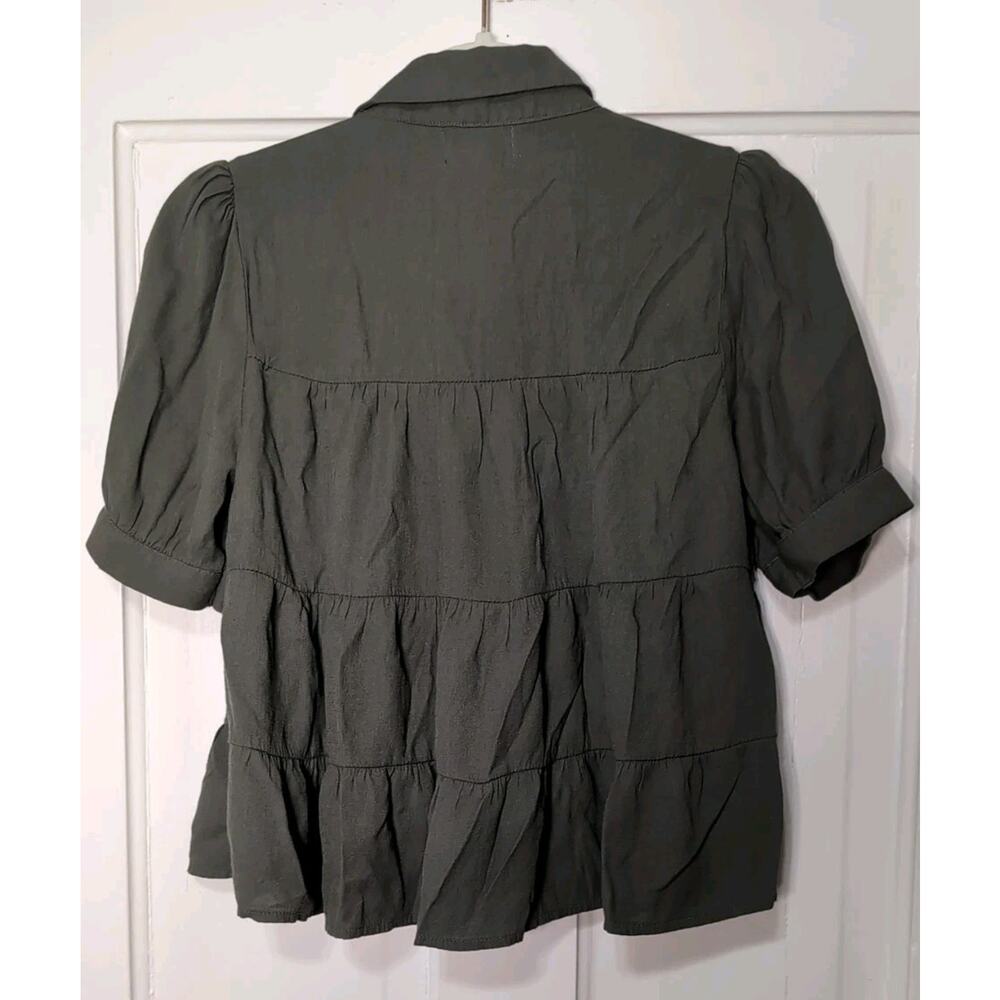 Jun & Ivy Blouse Tiered Ruffle Dainty Button Up Army Green Women's S Y2K (1206) - Picture 5 of 5
